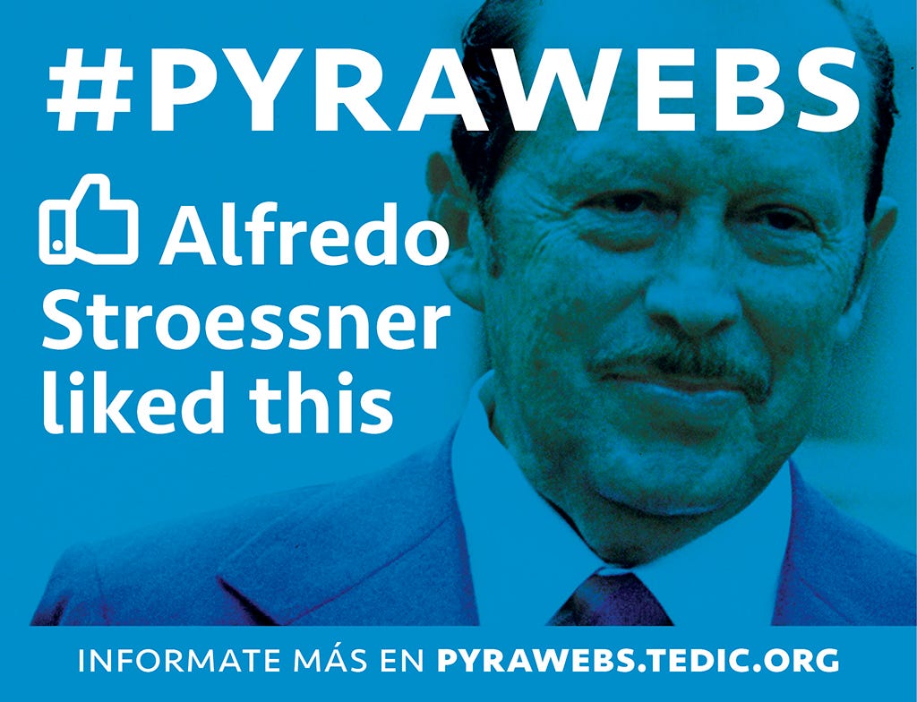 Imagen azulada del ex dictador Alfredo Stroessner con el texto: "Alfredo Stroessner liked this" con el dedo de Facebook.