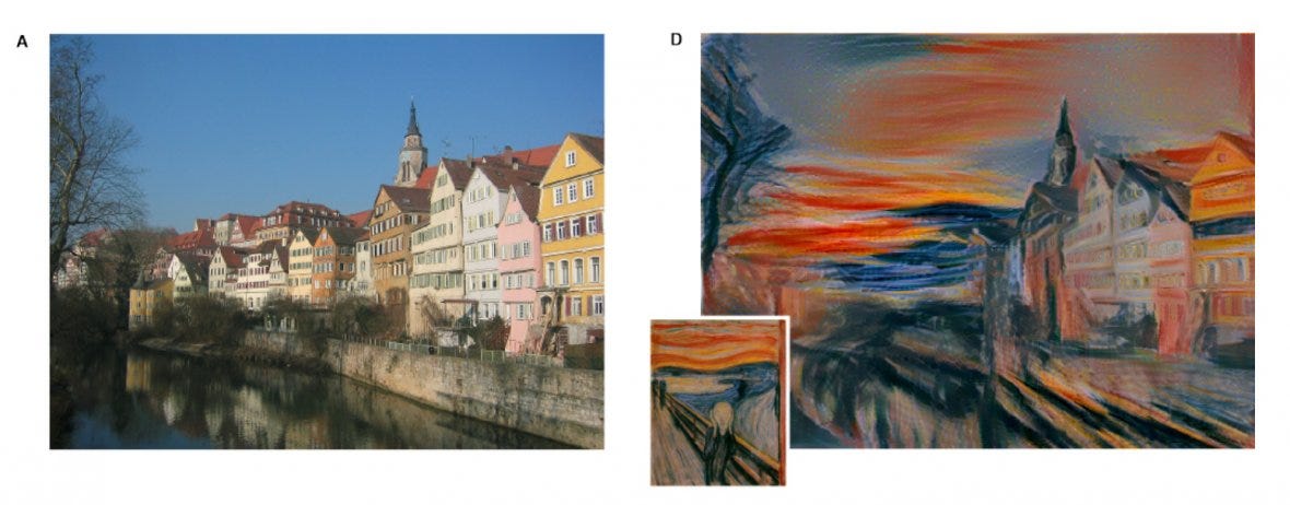 A photo of a street, and the same image rendered in the style of Munch