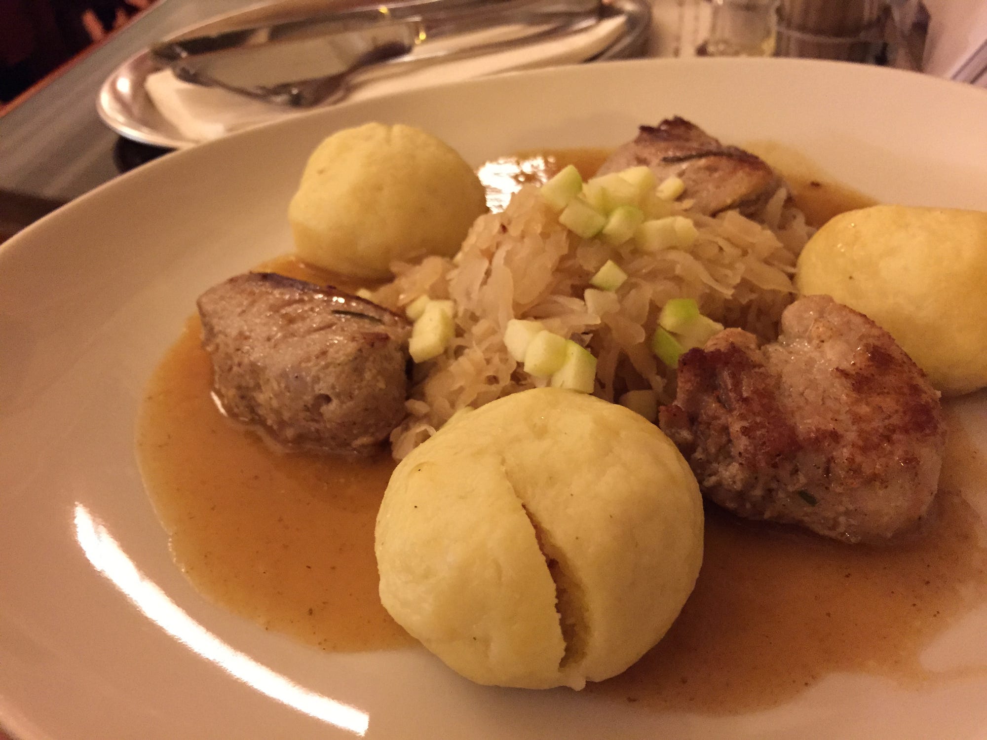 Behold traditional Czech fare, meat and potato dumplings with sauerkraut at a “recommended restaurant”. It tasted as it looks on this photo, bland.
