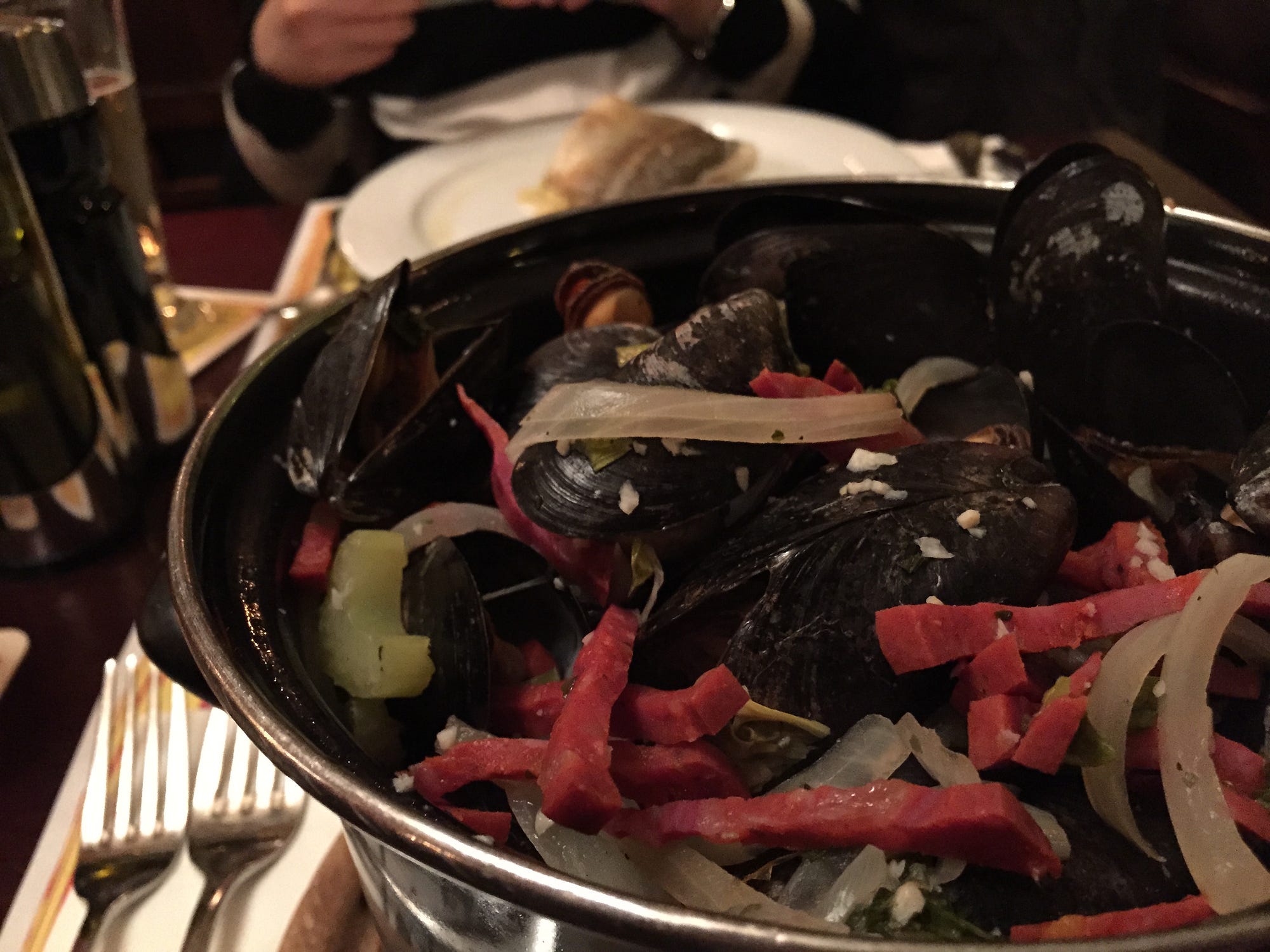 We decided to escape the traditional fares and opted for something international. This dish is a pot of mussels at a Belgian Restaurant.