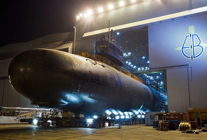 The new Virginia-class submarine North Dakota at the Electric Boat shipyard in Connecticut. Navy photo 