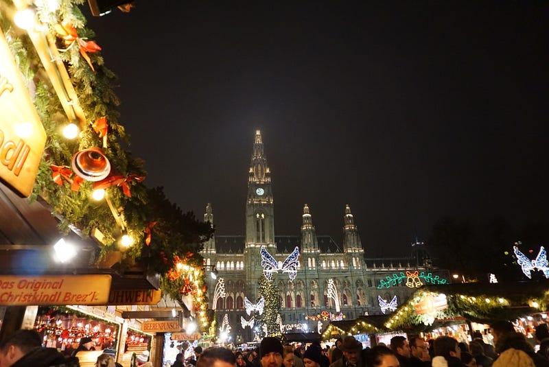Beautifully decorated town hall which was turned into the largest Christmas market in the city