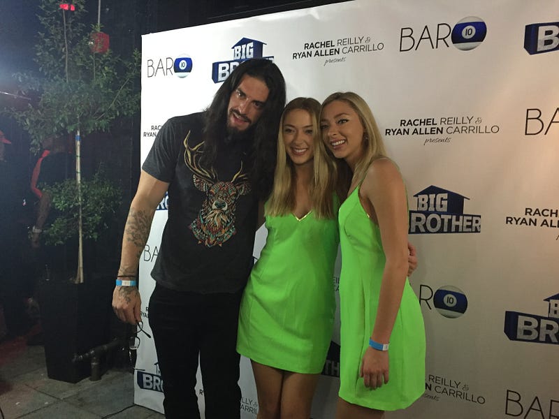 Austin Matelson (left), “Big Brother 17” houseguest, with BB17 runner-up Liz Nolan (center) and BB17 houseguest Julia Nolan (left) at the season wrap party (Neon Tommy/Dustin Sloane).